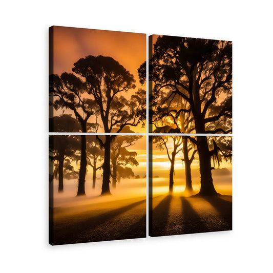 4pcs Golden Forest Sunset Canvas Wall Art Set 12"x12" Nature Trees Home Decor