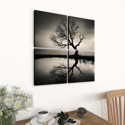 4pcs Black Tree Reflection Canvas Wall Art Set 12"x12" Monochrome Nature Decor