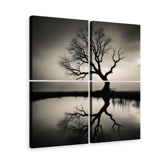 4pcs Black Tree Reflection Canvas Wall Art Set 12"x12" Monochrome Nature Decor