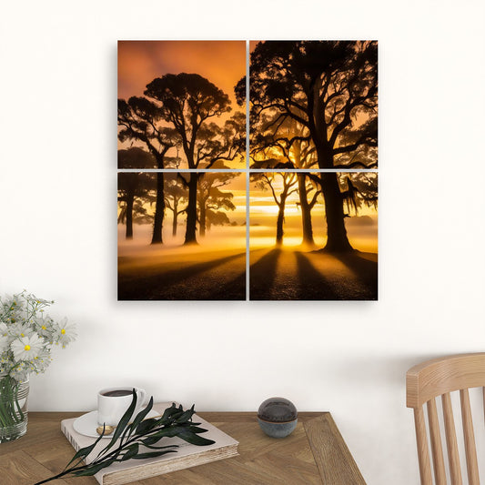 4pcs Golden Forest Sunset Canvas Wall Art Set 12"x12" Nature Trees Home Decor