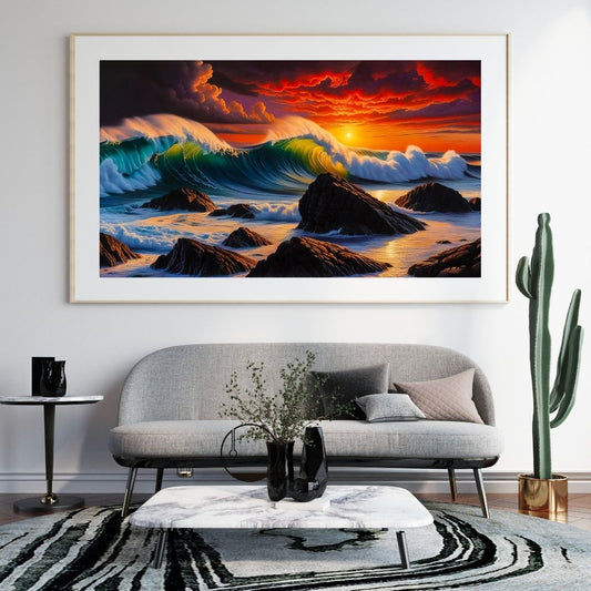 Dramatic Sunset Seascape Waves Art Digital Download